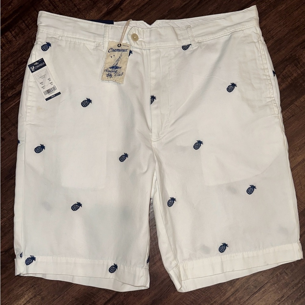 NEW Cremieux Men’s Newport Embroidered Pineapple White/Navy Cotton Shorts 35 NWT